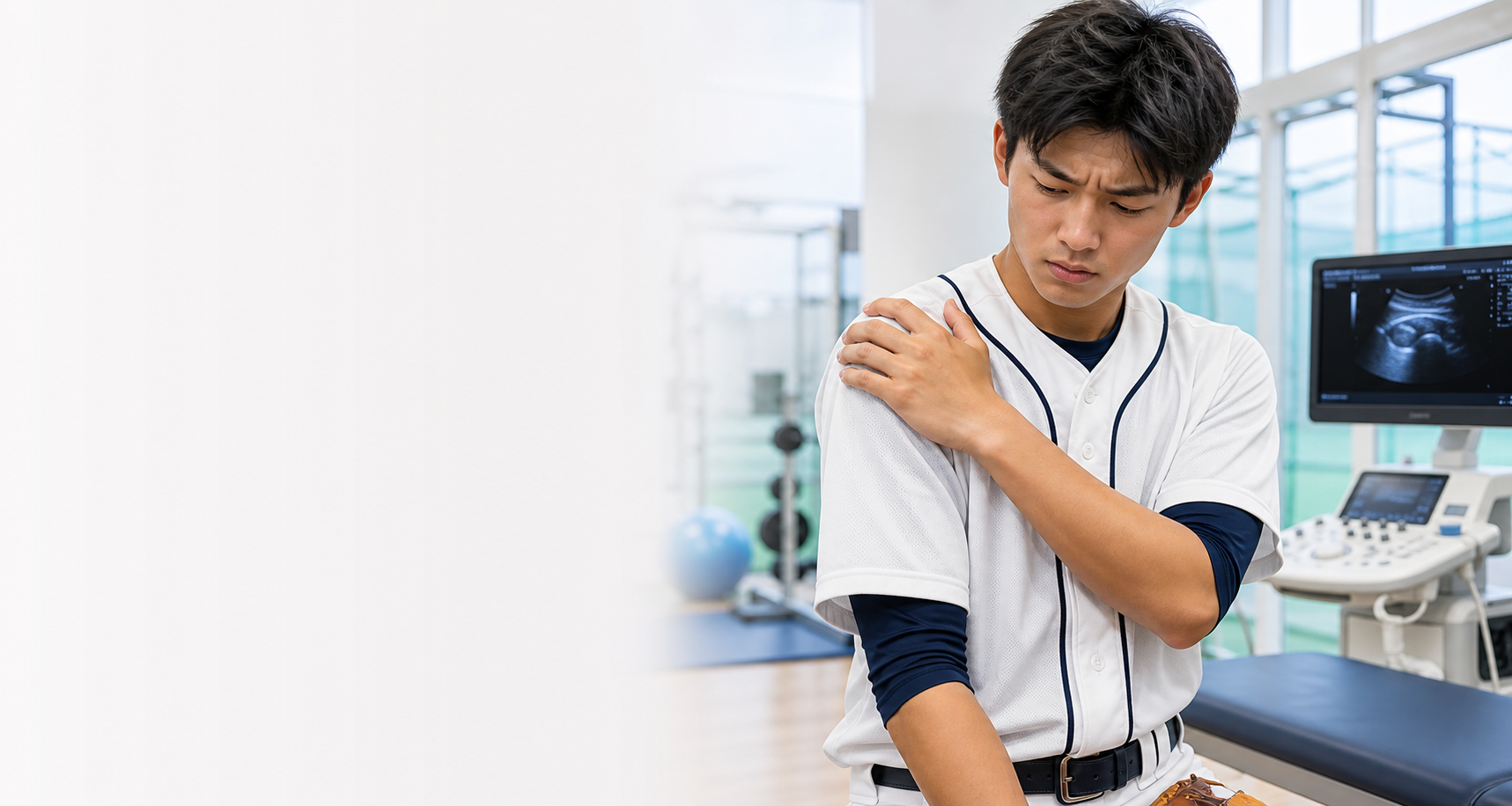 野球肩で肩を押さえる野球選手とスポーツクリニックのイメージ